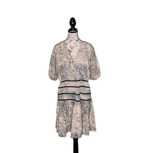 Entro Green Floral Print Surplice Mini Dress | Smocked Waist | Size L | NWT